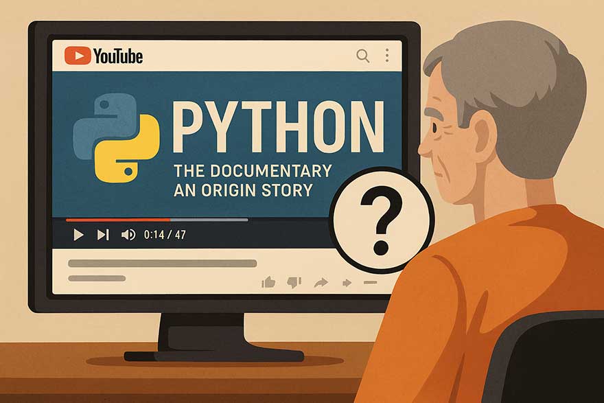 Older man watching 'Python: The Documentary | An Origin Story' on YouTube, pondering questions about Python’s scripting roots, U.S. adoption, AI evolution, and its future role in healthcare decision-making.