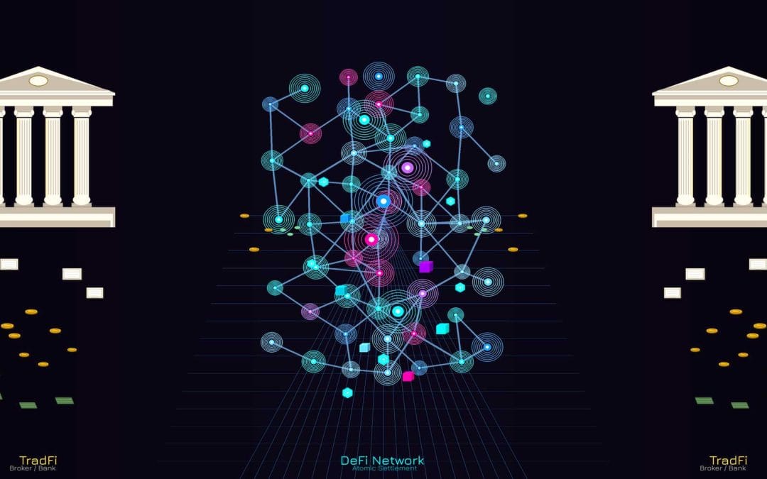Featured image for “Solving DeFi’s Capital Problem: A Securities Lending Bridge for Prime Money Market Funds” by Ed Blount, Advanced Securities Consulting—illustration showing two TradFi banks/brokers on the sides connected through a central DeFi network graphic representing atomic settlement and capital flow.