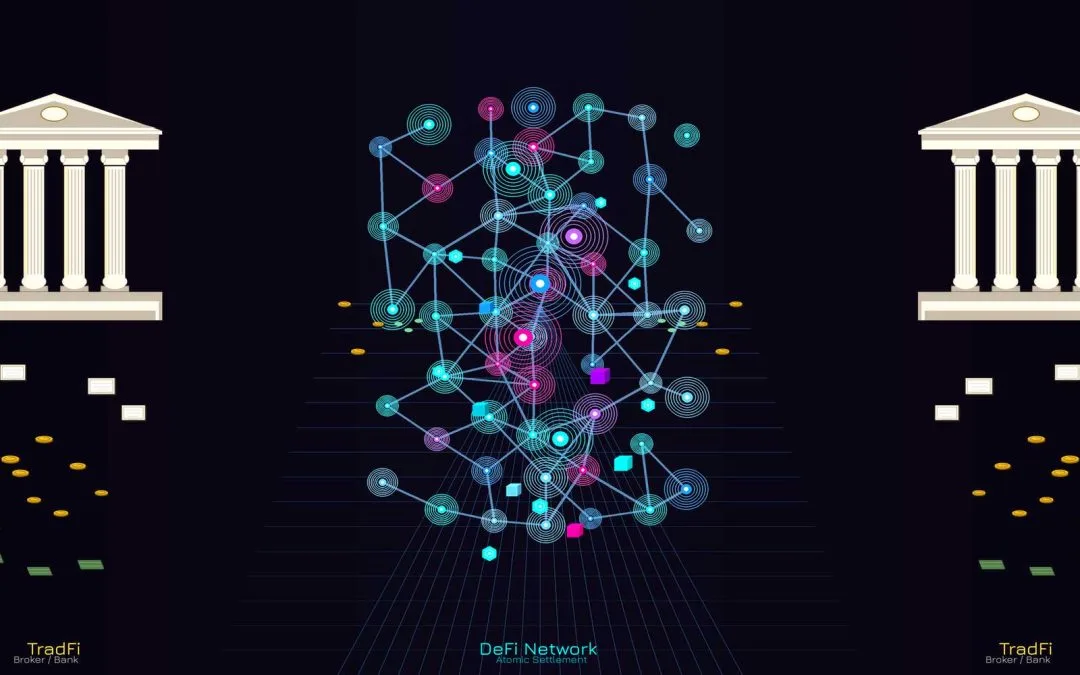 Featured image for “Solving DeFi’s Capital Problem: A Securities Lending Bridge for Prime Money Market Funds” by Ed Blount, Advanced Securities Consulting—illustration showing two TradFi banks/brokers on the sides connected through a central DeFi network graphic representing atomic settlement and capital flow.