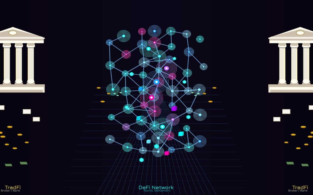 Featured image for “Solving DeFi’s Capital Problem: A Securities Lending Bridge for Prime Money Market Funds” by Ed Blount, Advanced Securities Consulting—illustration showing two TradFi banks/brokers on the sides connected through a central DeFi network graphic representing atomic settlement and capital flow.