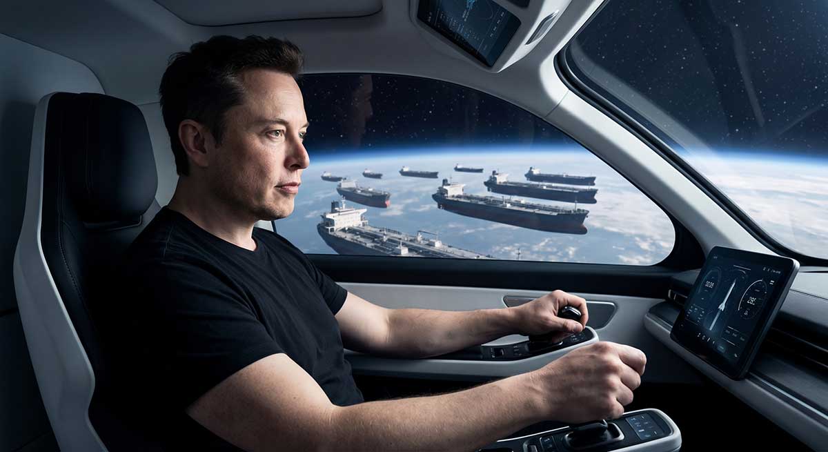Elon at the Helm. Command, control, and the impending mechanics of terminal supply. While Musk remains focused on the helm, an immense, silent fleet of supply tankers representing institutional holdings aligns perfectly into orbit behind him. Advanced Securities Consulting. Ed Blount.