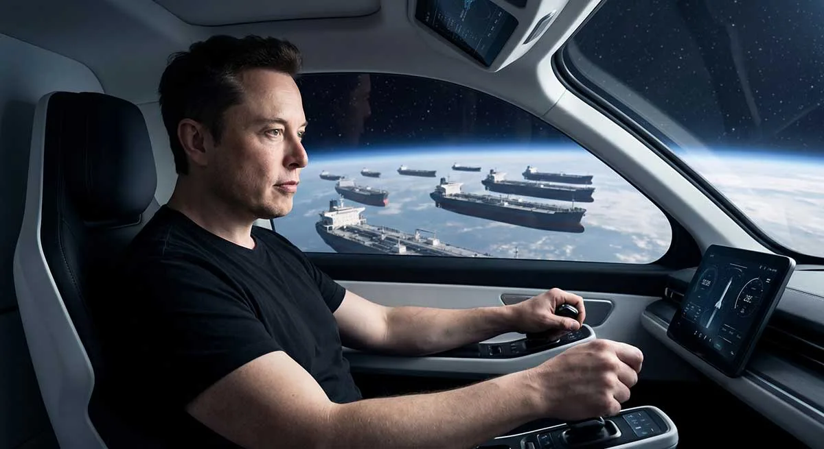 Elon at the Helm. Command, control, and the impending mechanics of terminal supply. While Musk remains focused on the helm, an immense, silent fleet of supply tankers representing institutional holdings aligns perfectly into orbit behind him. Advanced Securities Consulting. Ed Blount.