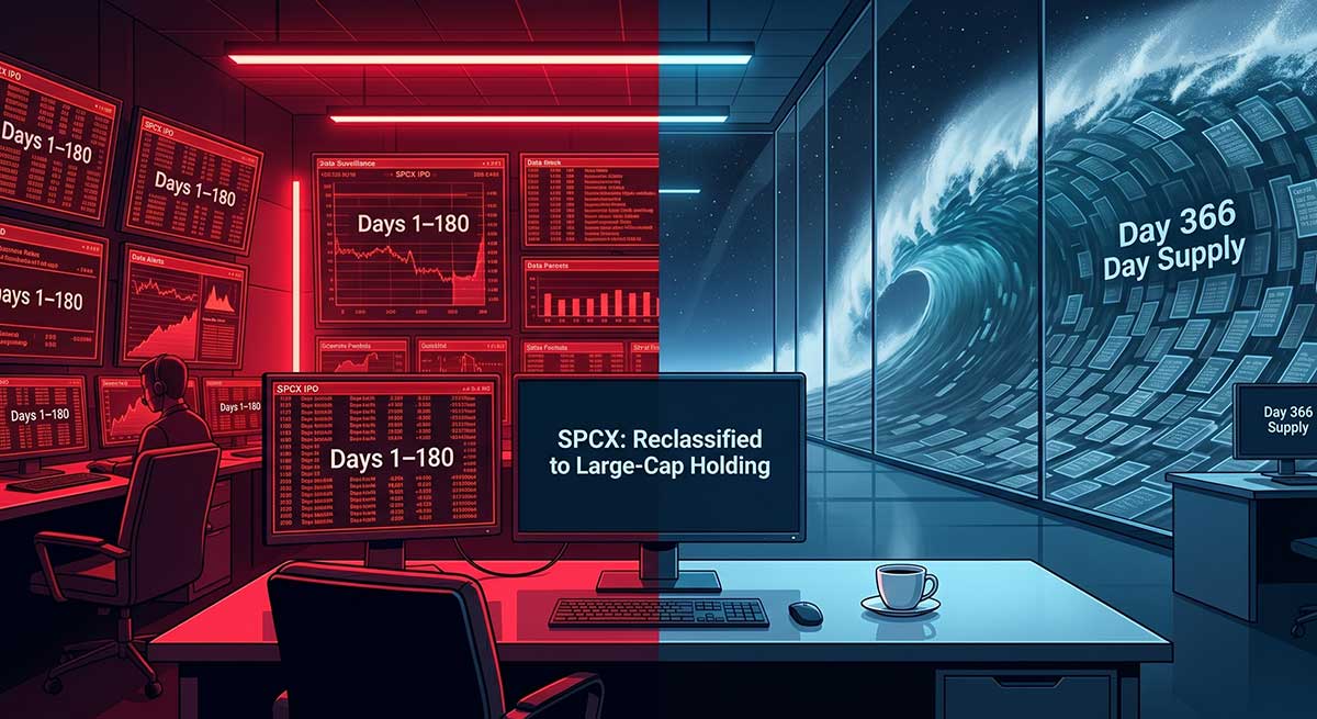Supply Monitors. The structural decay of post-IPO surveillance tracking. Intensive, red-alert monitoring of early lock-ups (left) gives way to a quiet, blue complacency after SPCX is reclassified (right), even as the ‘Day 366 Supply’ data-wave builds silently on a background monitor. Advanced Securities Consulting. Ed Blount.