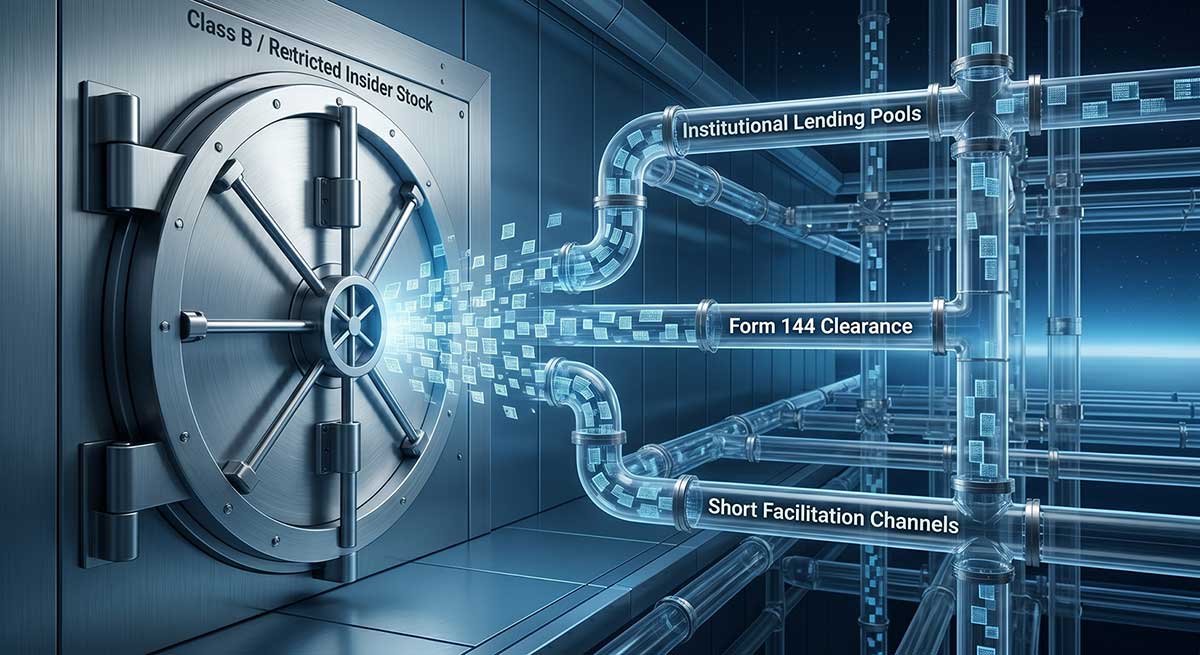 Supply Unlocked. Restricted insider shares dissolve into glowing data packets, feeding directly into an intricate grid of transparent, high-velocity pipelines optimized for ‘Institutional Lending Pools’ and ‘Short Facilitation Channels.’ Advanced Securities Consulting. Ed Blount.