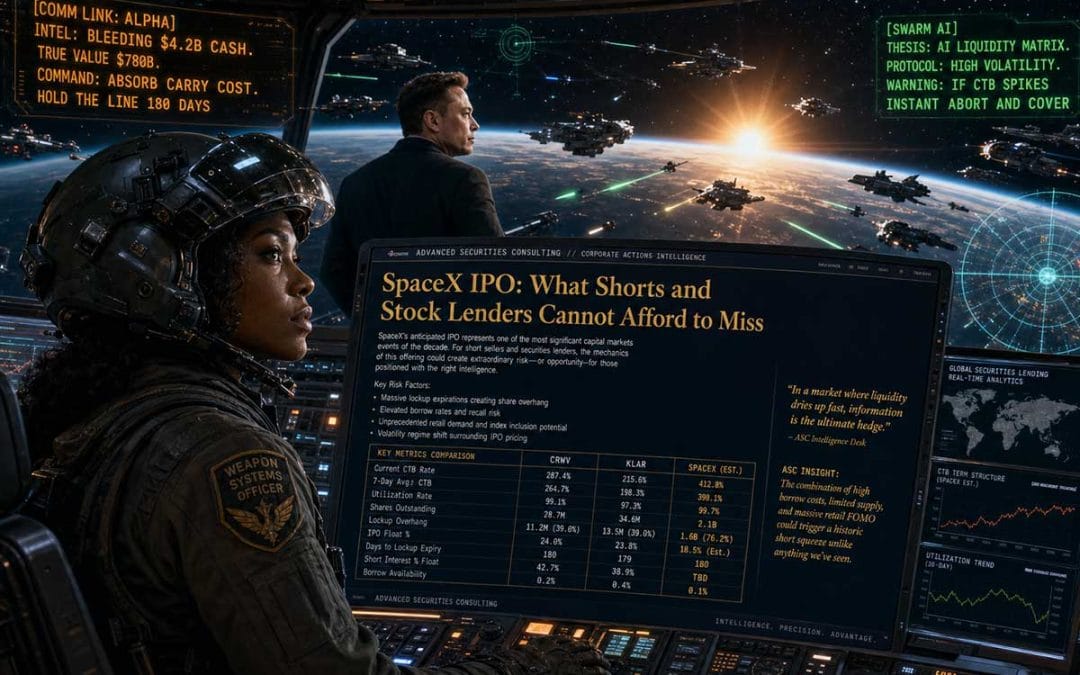 Futuristic space command scene illustrating the SpaceX IPO article written by Ed Blount from Advanced Securities Consulting.