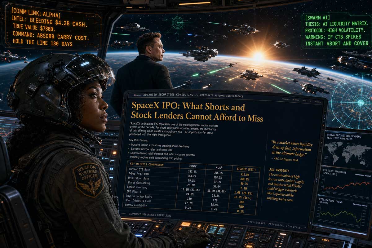 Futuristic space command scene illustrating the SpaceX IPO article written by Ed Blount from Advanced Securities Consulting.