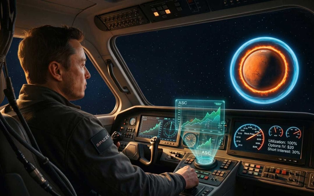 Illustration of Elan Musk as the pilot reviewing an ASC inference display at a spacecraft console.