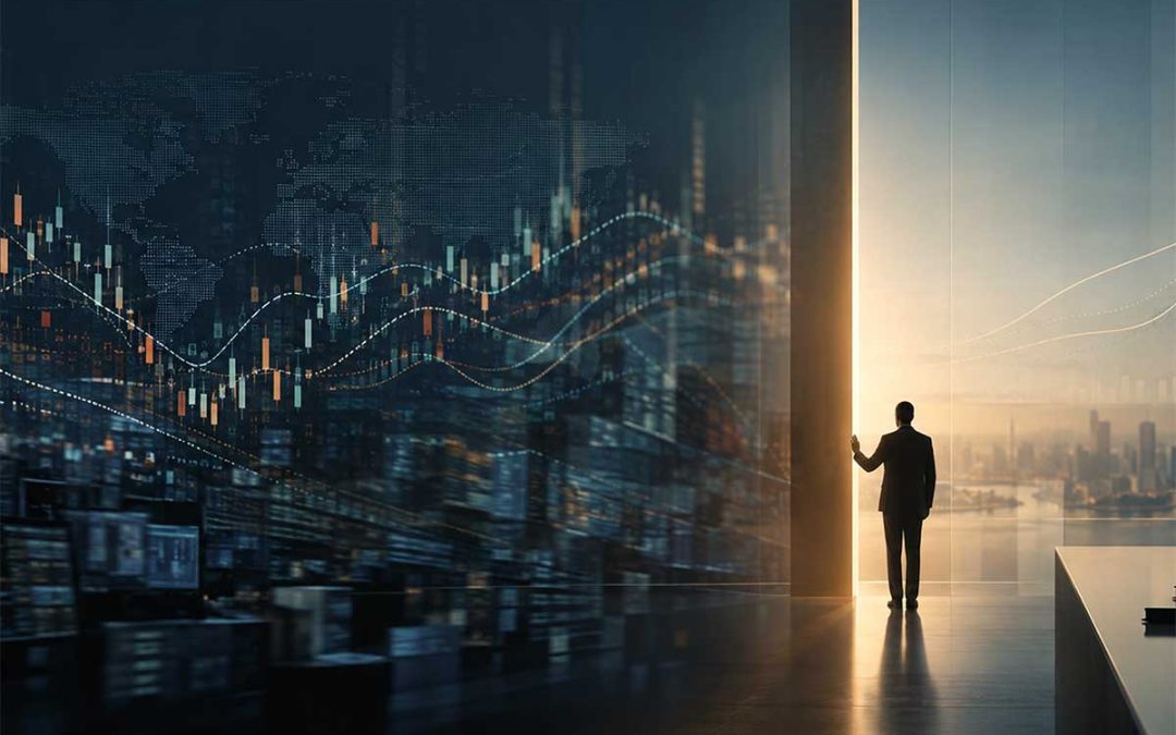 Financial market data and trading charts transition from a dark trading environment toward a human figure standing in a bright office, illustrating human judgment in the AI decision loop.