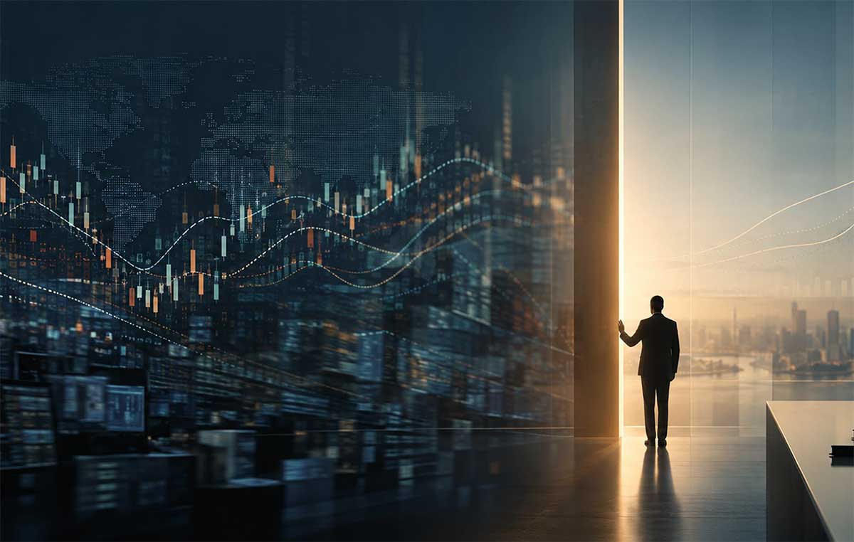 Financial market data and trading charts transition from a dark trading environment toward a human figure standing in a bright office, illustrating human judgment in the AI decision loop.